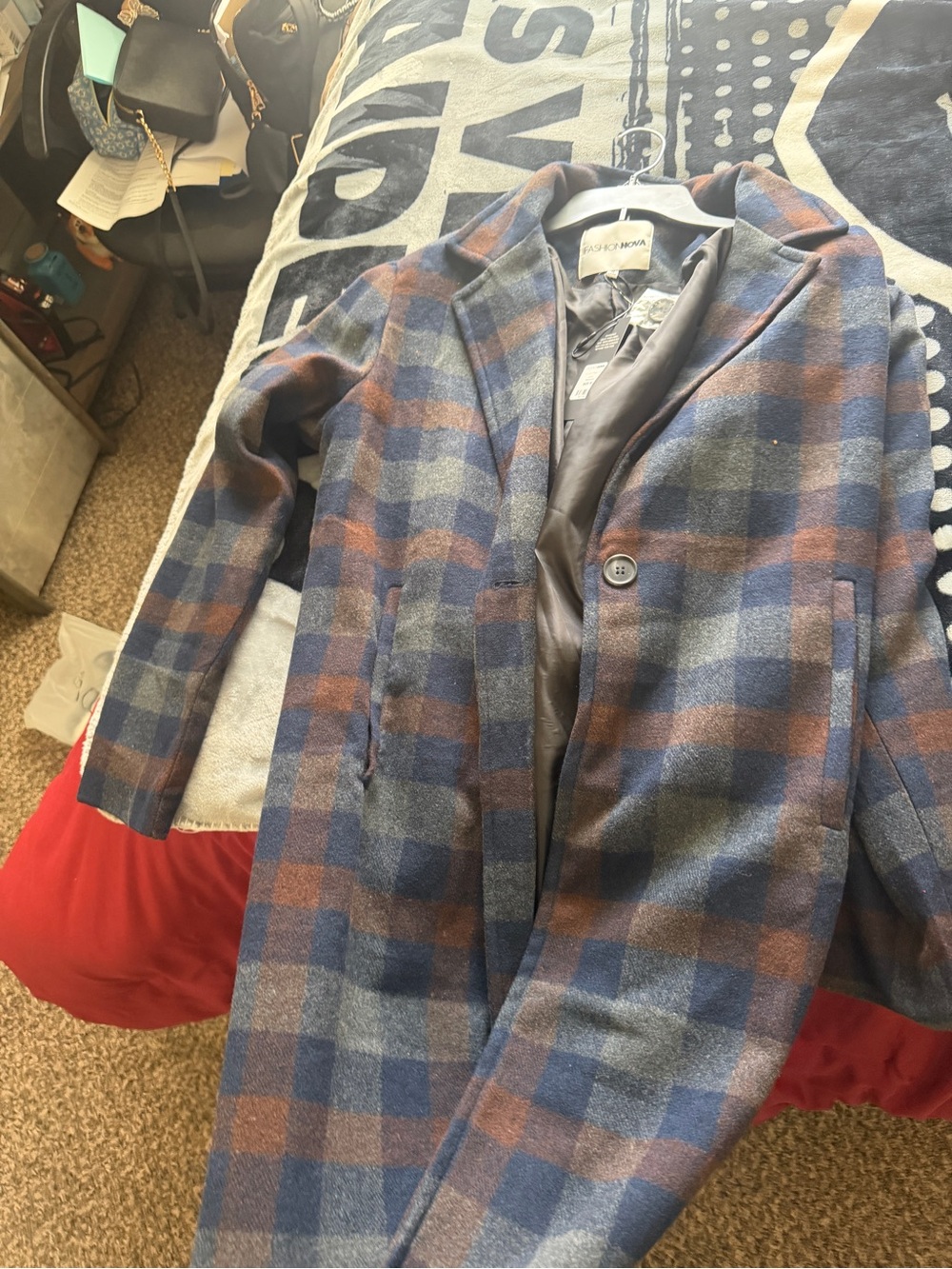 Fashion Nova women Checked Pea Coat in Blue & Brown